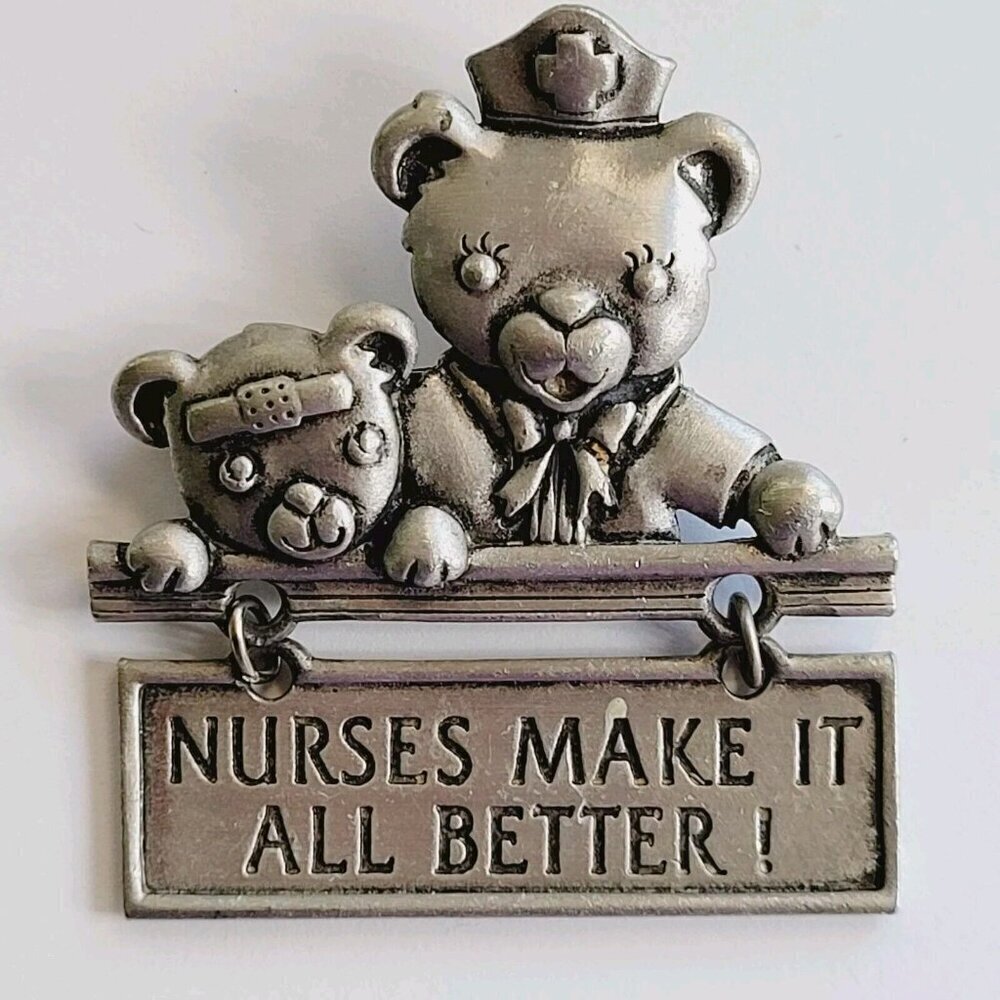 JJ Jonette Jewelry Teddy Bear Nurses Make It All Better Brooch Brushed Silver